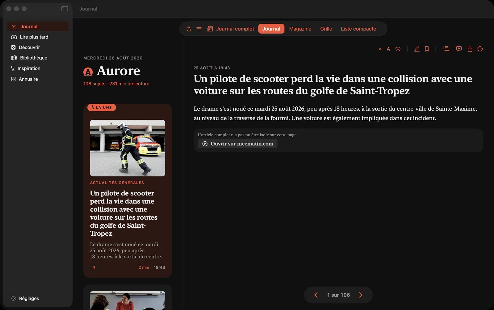 Aurore — Le journal et l'article côte à côte : la liste à gauche, la lecture à droite.